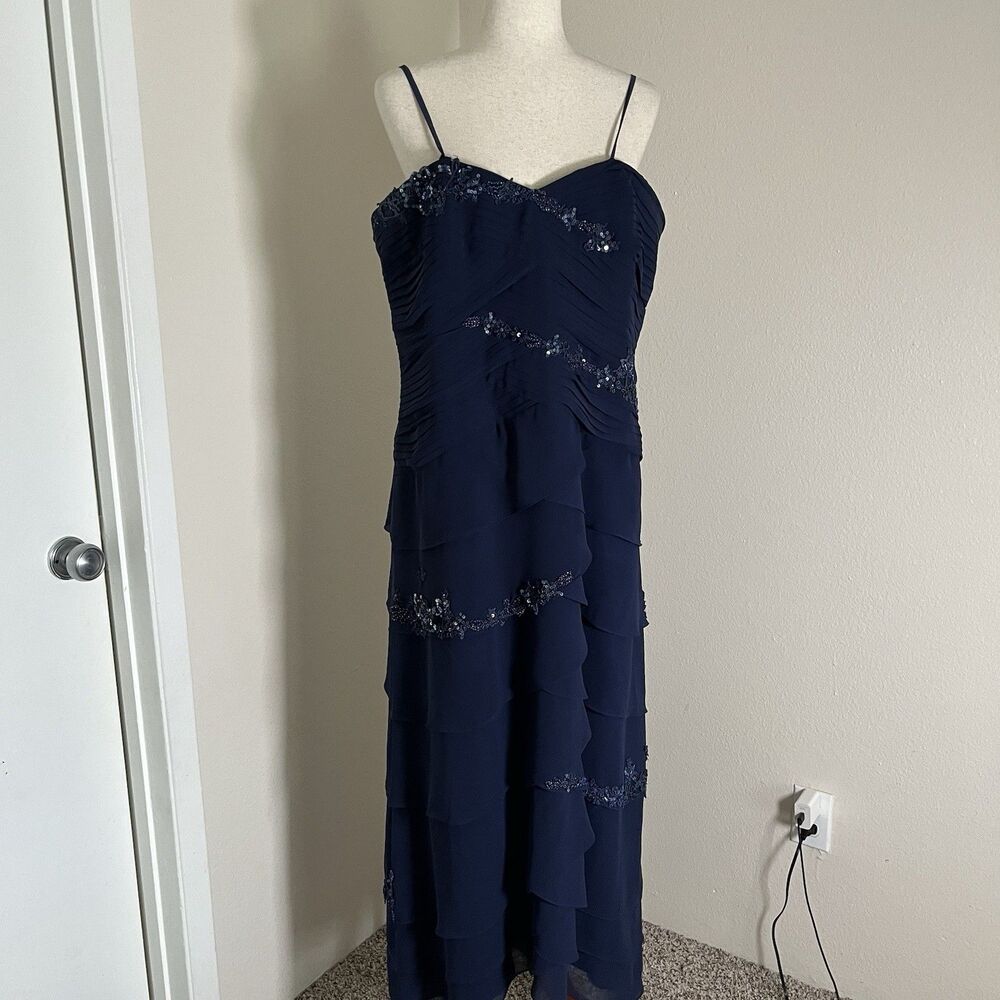 Stacy Lawrenceville Tiered Chiffon Gown Navy Sz L Beaded